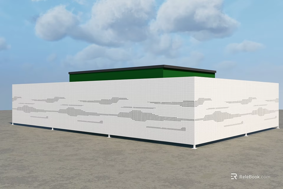 Modern White Fence With Decorative Gray Patterns Against Blue Sky And Clouds 3d model