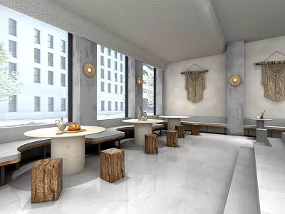 Modern Dessert Shop Interior With White Round Tables Wooden Stools Large Windows And Woven Decor 3d model