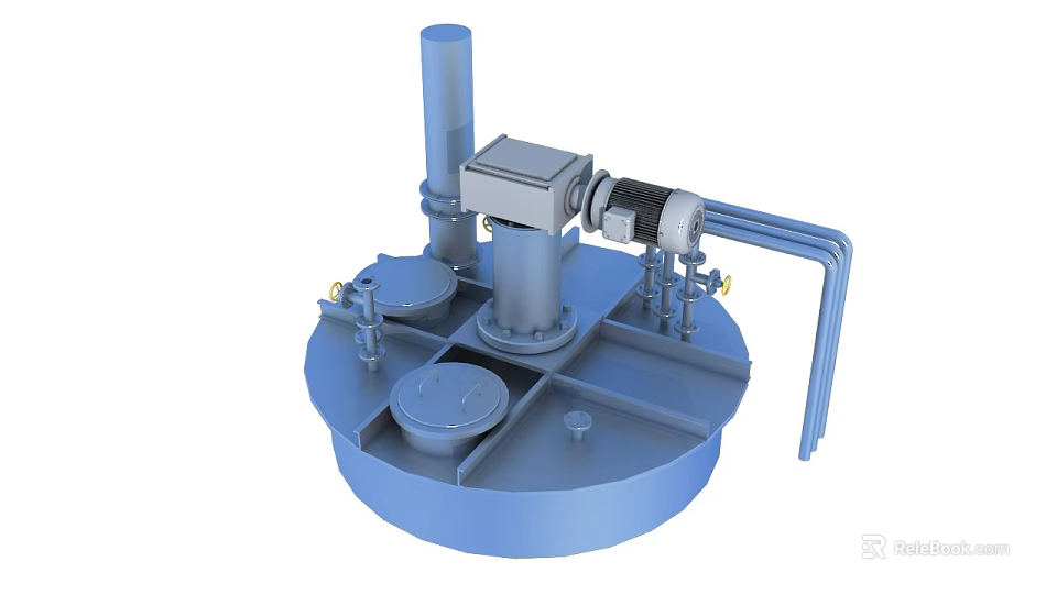 Industrial Mixer with Blue Cylindrical Base Vertical Electric Motor and Pipes 3d model 