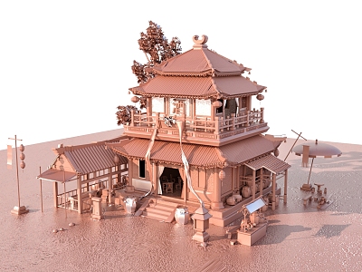 Chinese-style ancient restaurant architectural appearance model