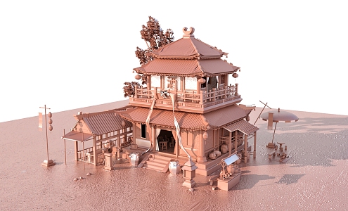 Chinese-style ancient restaurant architectural appearance 3d model