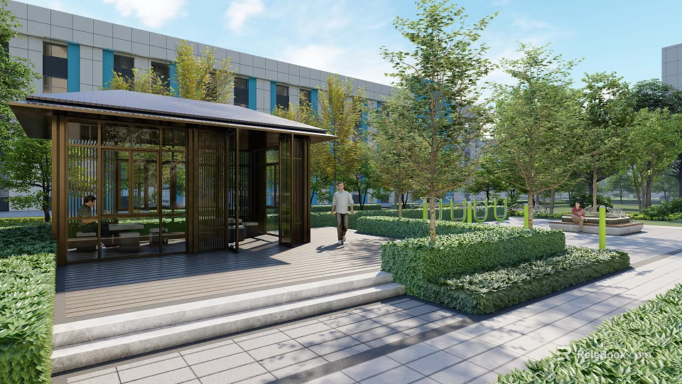 Modern Landscape Pavilion With Greenery Trees Seating Area Stone Pavement And Building 3d model 