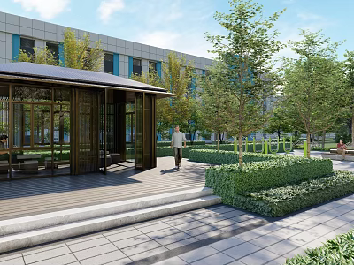 Modern Landscape Pavilion With Greenery Trees Seating Area Stone Pavement And Building 3d model