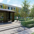 Modern Landscape Pavilion With Greenery Trees Seating Area Stone Pavement And Building