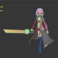 Game Movie Character Purple Hair Gray Coat Holding Large Orange Sword With Blue Circular Emblem