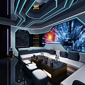 Modern KTV Interior With Blue Neon Lighting Comfortable Sofa Large Screen And Coffee Tables