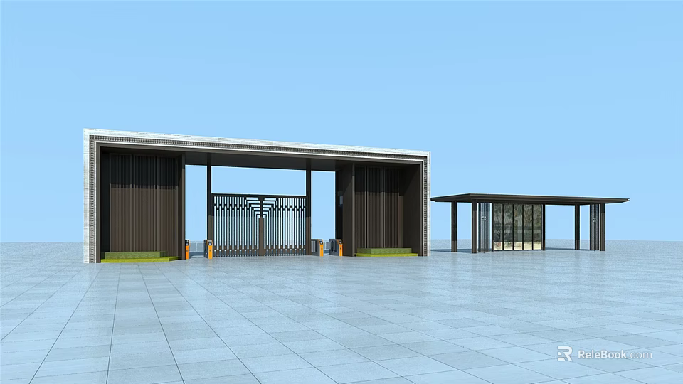 Modern Entrance Gate Design With Metal Grille And Wide Plaza Area 3d model 
