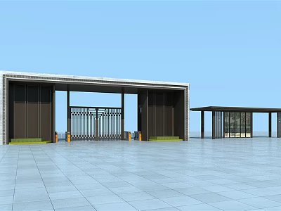 Modern Entrance Gate Design With Metal Grille And Wide Plaza Area 3d model