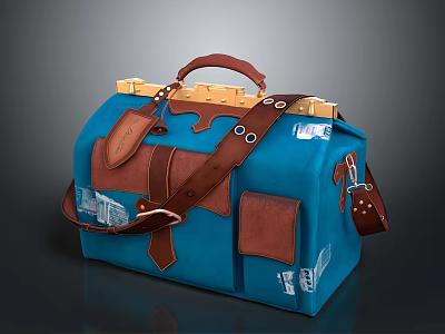 Practical Blue Leather Utility Bag With Brown Straps And Multiple Pockets 3d model