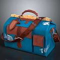 Practical Blue Leather Utility Bag With Brown Straps And Multiple Pockets