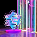 Colorful Transparent Pillar Structure With Neon Lights And Geometric Shape On Reflective Floor