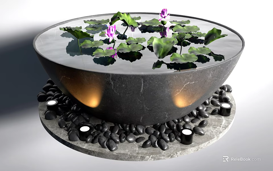 Garden Ornament Circular Stone Bowl With Water Lily Pads Purple Flowers And Black Pebbles 3d model 