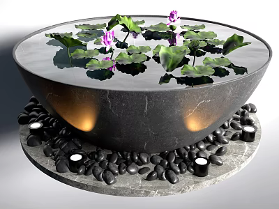 Garden Ornament Circular Stone Bowl With Water Lily Pads Purple Flowers And Black Pebbles 3d model