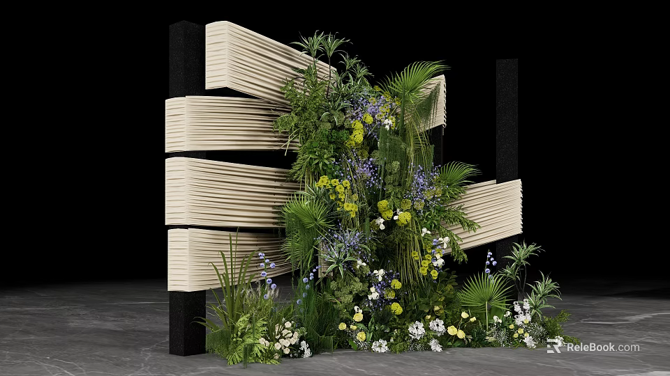 Photo Check In Spot Featuring Wooden Striped Structure Lush Green Plants And Colorful Flowers 3d model 