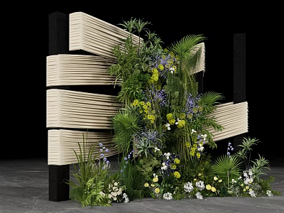 Photo Check In Spot Featuring Wooden Striped Structure Lush Green Plants And Colorful Flowers 3d model
