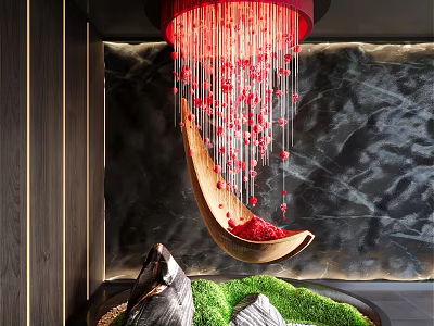 Curved Wood Sculpture With Hanging Red Beads Over Green Plants Stones And Dark Textured Wall 3d model