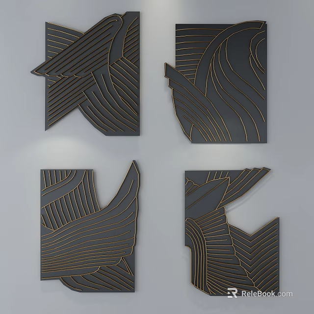 Modern Abstract Wall Decor With Black Background And Gold Lines Shapes 3d model
