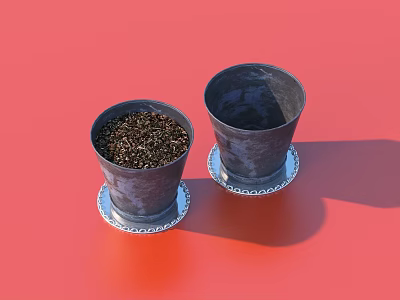 Bonsai Potted Plants in Metal Pots with Soil Empty and Saucers on Red Background 3d model