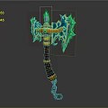 Mythical Enchanted Axe With Green Flames Yellow Red Handle And Blue Chain