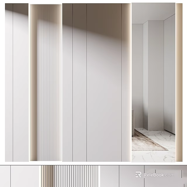 Minimalist Modern Interior Space With White Walls Vertical Stripe Details Mirror And Marble Floor 3d model 