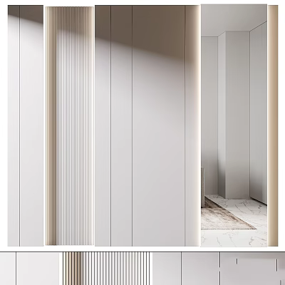 Minimalist Modern Interior Space With White Walls Vertical Stripe Details Mirror And Marble Floor 3d model