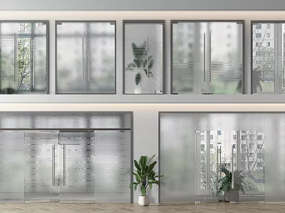 Different Types of Glass Window Designs With Frosted Panels Blinds And Plants 3d model
