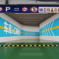 Modern Indoor Parking Garage With Directional Signage Green Flooring Yellow Speed Bumps And Parked Cars