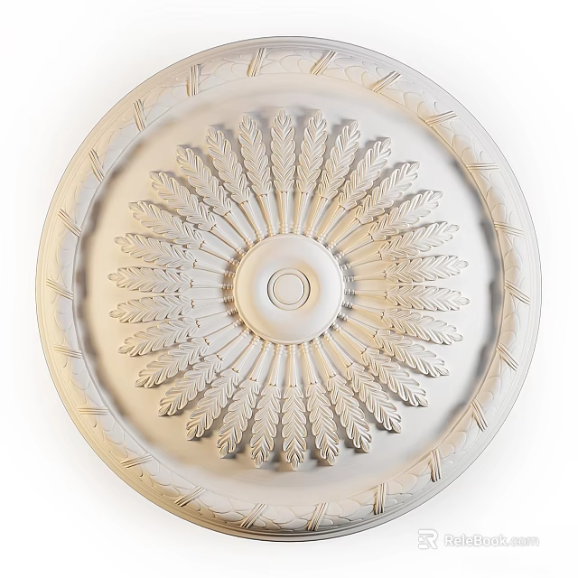 Ornate White Ceiling Medallion With Radiant Carved Leaf Patterns Central Circular Design And Intricate Detailing 3d model 
