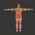Firefighter In Red Uniform With Yellow Stripes Helmet And Gas Mask Standing With Arms Outstretched