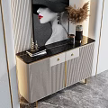 Elegant Modern Entryway Console Cabinet With Striped Doors Gold Accents And Decor Items