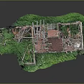 Architectural Model of Ruined Structure With Red Roof Green Grass and Stone Walls