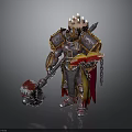 A Man in Ornate Gold Armor Holding Large Hammer With Red Yellow Cloak