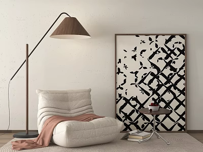 Beige Lazy Sofa With Pink Throw Blanket Floor Lamp And Black White Geometric Painting On Rug 3d model