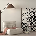 Beige Lazy Sofa With Pink Throw Blanket Floor Lamp And Black White Geometric Painting On Rug