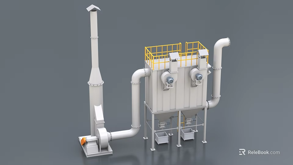 Industrial Dust Collection Equipment With Yellow Guardrail Pipes Blower And Chimney 3d model 