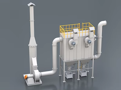 Industrial Dust Collection Equipment With Yellow Guardrail Pipes Blower And Chimney 3d model