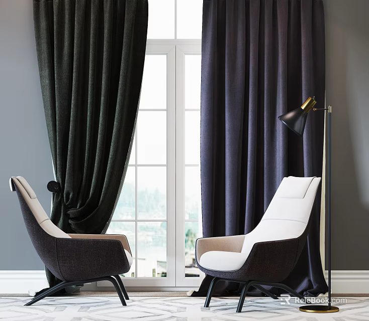 Modern Single Sofa Interior With Dark Curtains Floor Lamp And Window View 3d model