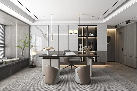 Light Luxury Study Desk and Chair Chandelier Green Plant Ornaments 3d model