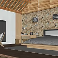 Hotel Guest Room With Wooden Roof Skylights Stone Walls And Mountain View