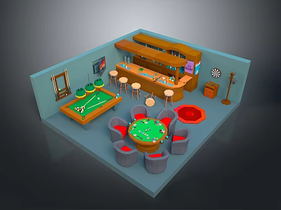 Stylish Game Room Interior With Bar Counter Stools Green Poker Table And Dartboard 3d model
