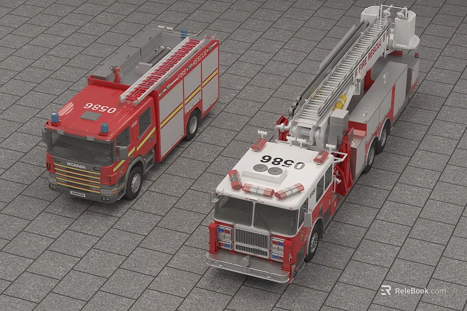 Red and White Fire Trucks with Ladder Equipment and 888C Unit Markings 3d model 