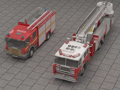 Red and White Fire Trucks with Ladder Equipment and 888C Unit Markings 3d model Red and White Fire Trucks with Ladder Equipment and 888C Unit Markings 3d model