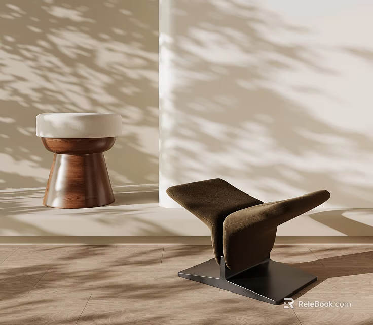 Elegant Modern Sofa Stool In Brown Fabric With Black Metal Base And Sleek Design 3d model 
