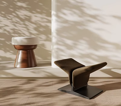 Elegant Modern Sofa Stool In Brown Fabric With Black Metal Base And Sleek Design 3d model