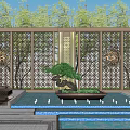 Intricate Lattice Garden Wall With Stone Steps Water Features And Green Plants