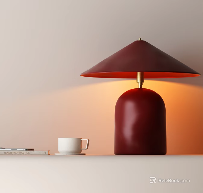 Dark Red Table Lamp With Gold Metal Base Warm Light And White Cup Books 3d model 