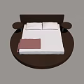 Round Bed with Wooden Headboard White Mattress Two Pillows Pink Throw Blanket and Side Nightstands