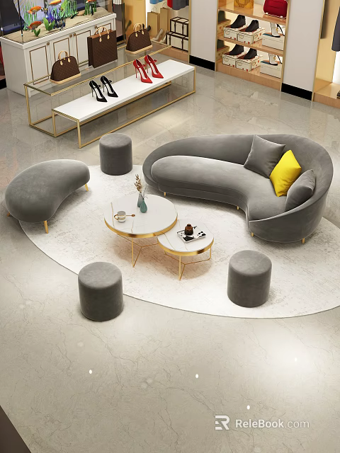 Modern Curved Sofa And Coffee Table Set With Yellow Cushion Grey Ottomans And Gold Legs 3d model 