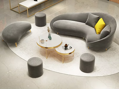 Modern Curved Sofa And Coffee Table Set With Yellow Cushion Grey Ottomans And Gold Legs 3d model
