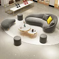 Modern Curved Sofa And Coffee Table Set With Yellow Cushion Grey Ottomans And Gold Legs